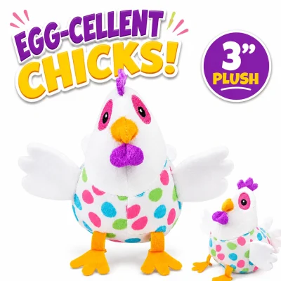 Egg-cellent Chicks Easter plush toy featuring a colorful polka dot chick with wings, 3" x 4 1/2" size, on a white background with a side view, ideal for claw machines, redemption prizes, Easter baskets, and arcade prize counters.