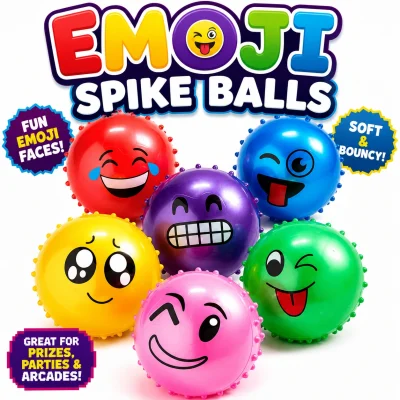 Emoji Spike Balls featuring six colorful inflatable vinyl spike balls with expressive emoji faces on a white background. Great for claw machines, arcade prizes, redemption games, party favors, carnival prizes, novelty toys, and family entertainment centers.