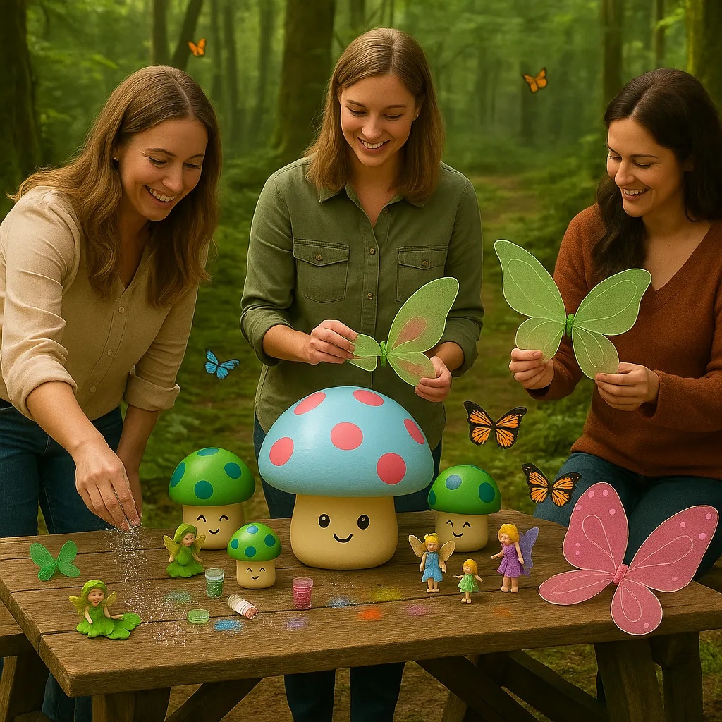 Three women prepare for an enchanted forest party at a wooden table with mushrooms, glitter, fairy figurines, and butterfly wings in a woodland setting.