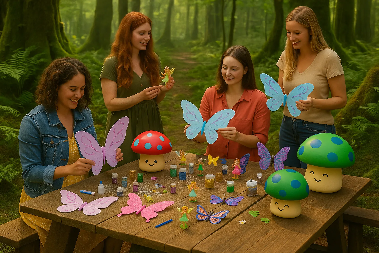 Four women set up an enchanted forest party at a wooden table with glitter, fairy wings, mushrooms, butterflies, and fairy figurines.