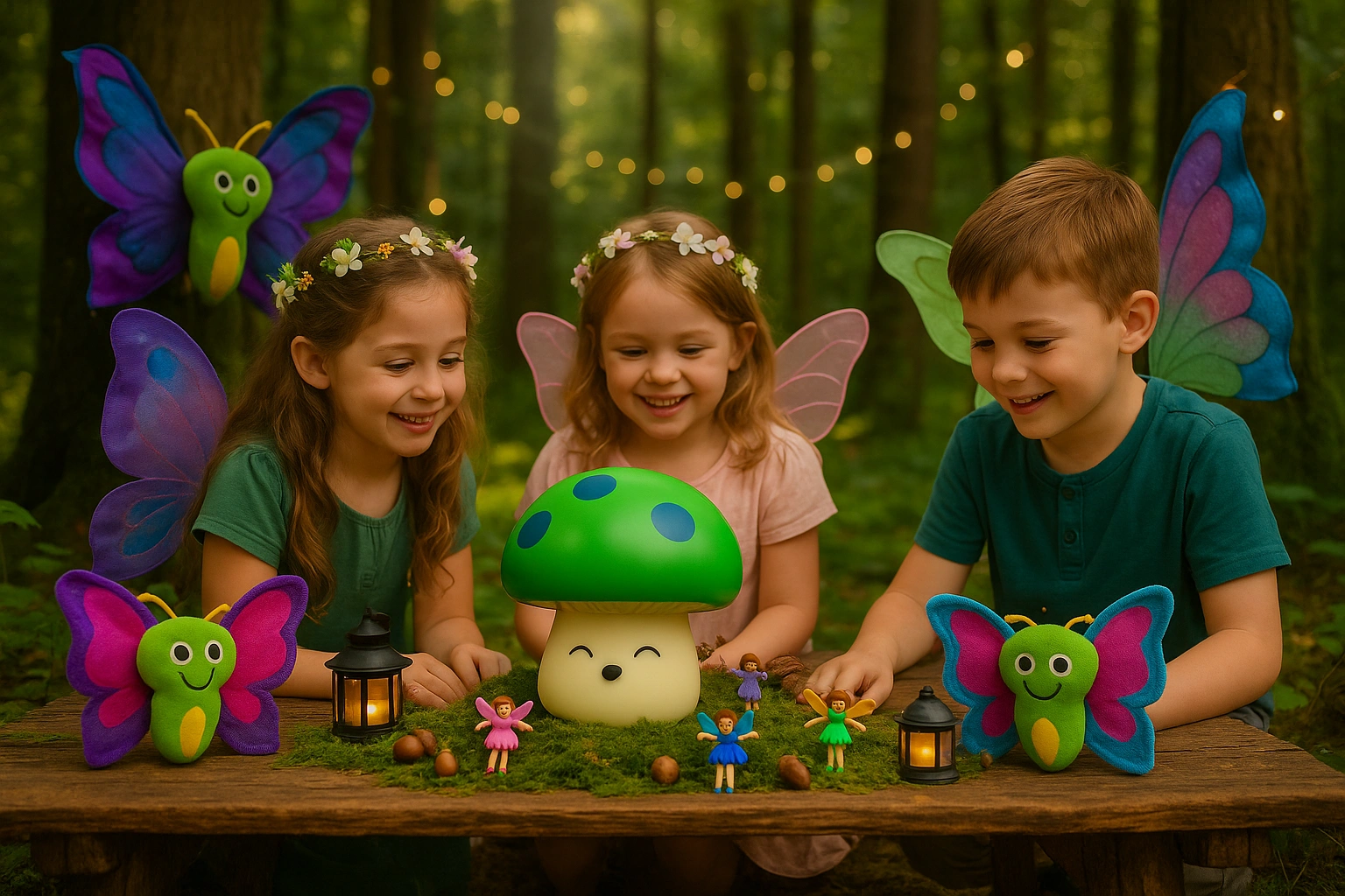Children at a woodland party table with enchanted forest toys, plush mushrooms, butterflies, and fairies