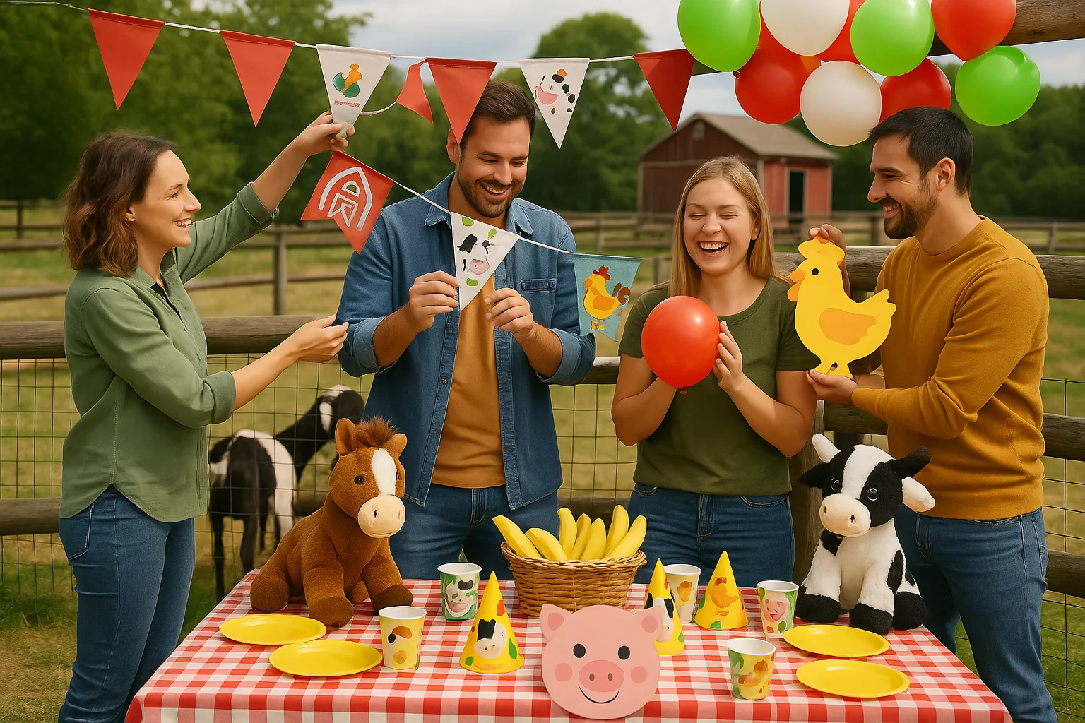 Farm party table with barn centerpiece, animal cutouts, yellow plates, and plush animals at a fenced petting zoo