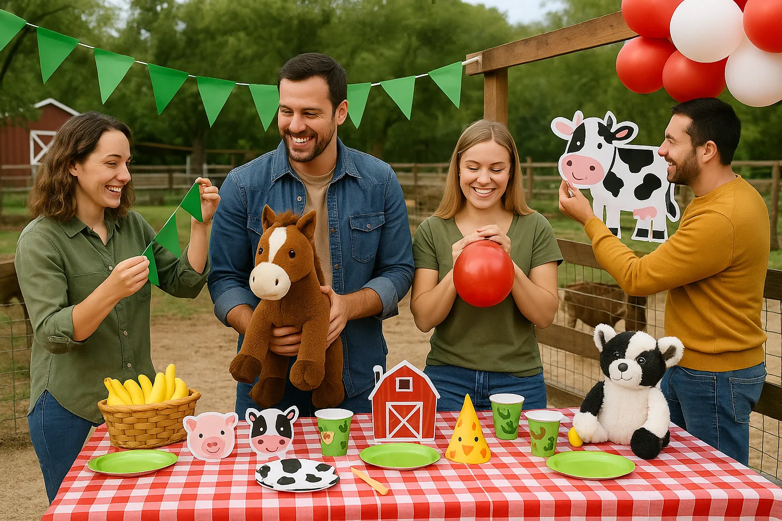 Adults hanging farm bunting and balloons at a petting zoo table with plush horse and cow toys
