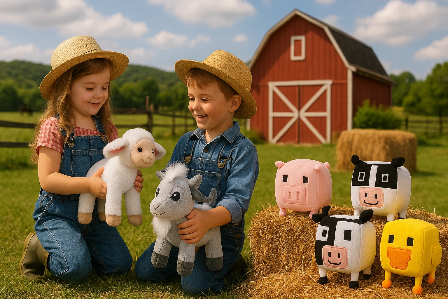 Children dressed as farmers playing with farm plush toys in a barnyard setting