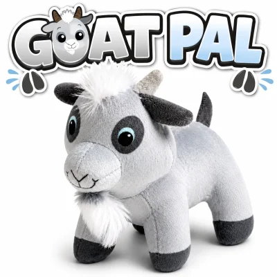 Goat Pal plush toy featuring a cute gray baby goat with fluffy white hair, soft beard, and oversized cartoon eyes. Displayed on a white background beneath a playful "GOAT PAL" title with hoof-print accents, this adorable farm animal plush is ideal for crane machines, arcades, redemption counters, family entertainment centers, and amusement industry prize programs.