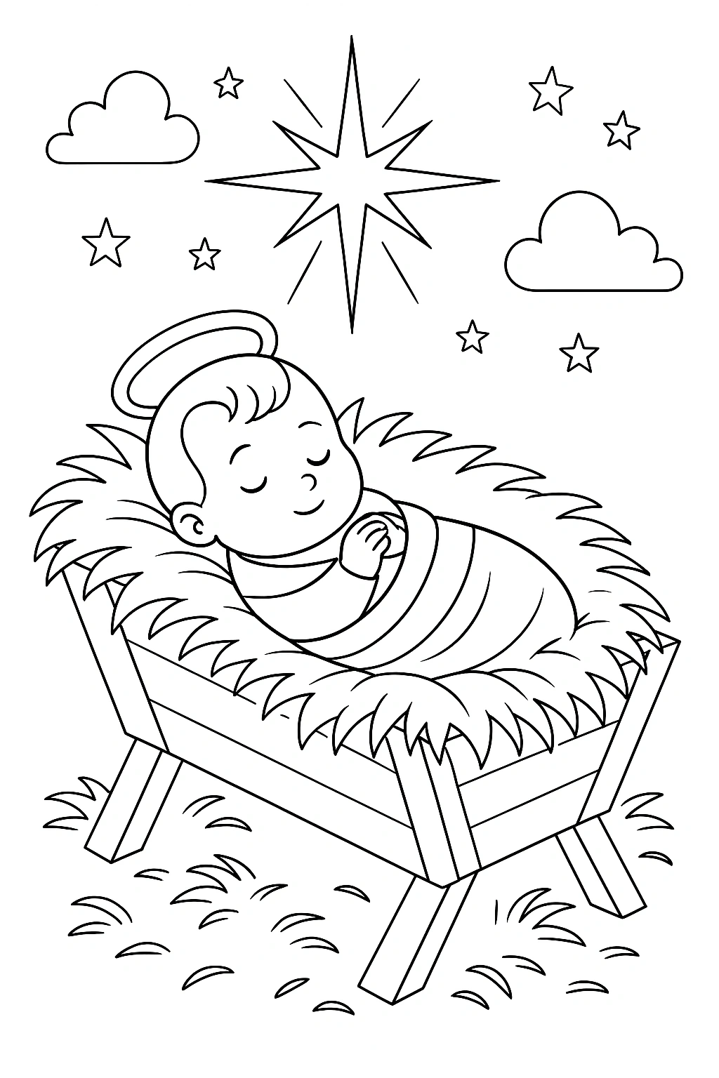 Baby Jesus sleeping in the manger with halo and star — printable coloring page