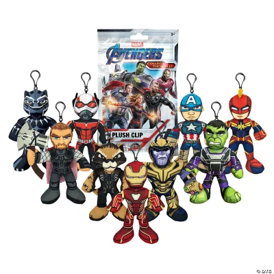 "Marvel Avengers plush clip keychains blind bag collection featuring characters like Iron Man, Captain America, Thor, Hulk, Black Panther, Spider-Man, Captain Marvel, Ant-Man, Rocket Raccoon, and Thanos."