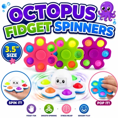 Octopus Fidget Spinners 3.5 Inch sensory spinner toys with pop bubbles in assorted colors for crane machines, redemption prizes, arcades, party favors, classrooms, and fidget toy collections.