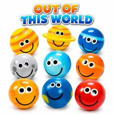 Out of This World smiling planet bouncy balls assortment featuring colorful space-themed balls with happy faces, including Saturn, Earth, moon, and planet designs on a white background with bold OUT OF THIS WORLD title above.