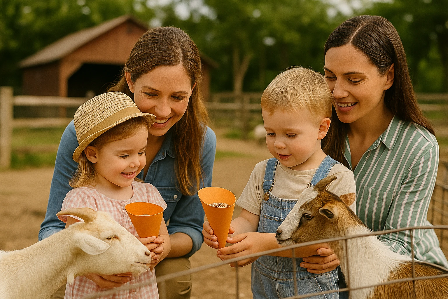 Parents helping kids feed goats with cones at a sunny petting farm beside a rustic barn