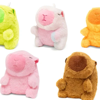 "Set of five colorful plush capybara toys in green, pink, orange, brown, and white, displayed on a white background for crane machine prizes or redemption counters."