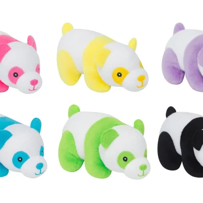 “Assorted rainbow plush panda set, one of each color (pink, yellow, purple, blue, green, black) on clean white background for ecommerce.”