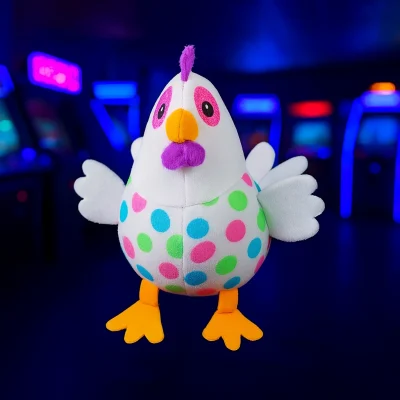"Colorful pastel plush chicken with polka dot pattern displayed in front of neon-lit arcade machines, perfect for crane and redemption prizes."