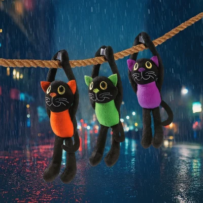 Three plush black cats with colorful bellies hang from a rope in a rainy nighttime city street, illuminated by neon reflections.
