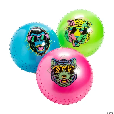 Three colorful inflatable spiked balls featuring neon animal designs with sunglasses: a blue gorilla with headphones, a green tiger, and a pink wolf.