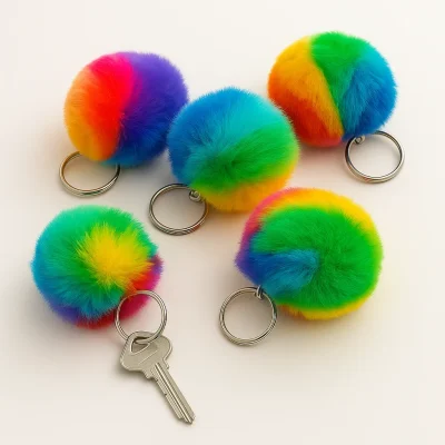 "Five fluffy rainbow pom-pom keychains with soft faux fur texture, attached to silver keyrings, one holding a house key, arranged on a light background."