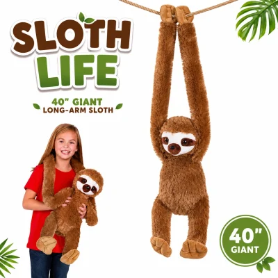 40-inch giant long-arm stuffed sloth plush hanging toy with extra-long arms, shown hanging and held for size comparison on a white background.