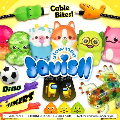 Slow Rise Squish 2-inch toy mix display – includes kawaii squish animals, cable bites, dino slingers, Among Us toys, mini poop figures, and colorful critters.