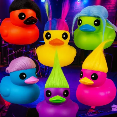 "Six colorful rubber ducks with wild punk-style hair, displayed against a neon punk rock concert venue background with stage lights and speakers."