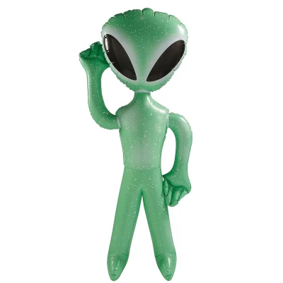 Inflatable green alien toy with big black eyes and raised hand, made of shiny vinyl — perfect for party favors, carnival prizes, or vending displays.