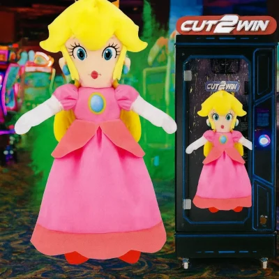 “48-inch Princess Peach plush from Nintendo’s Super Mario displayed beside a Cut2Win arcade machine in a colorful arcade environment.”