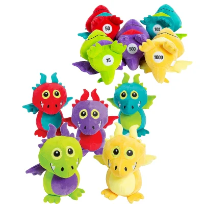 Alt text: Jackpot Stuffed Dragons Plush Assortment In Red Green Purple Yellow And Teal On White Background
