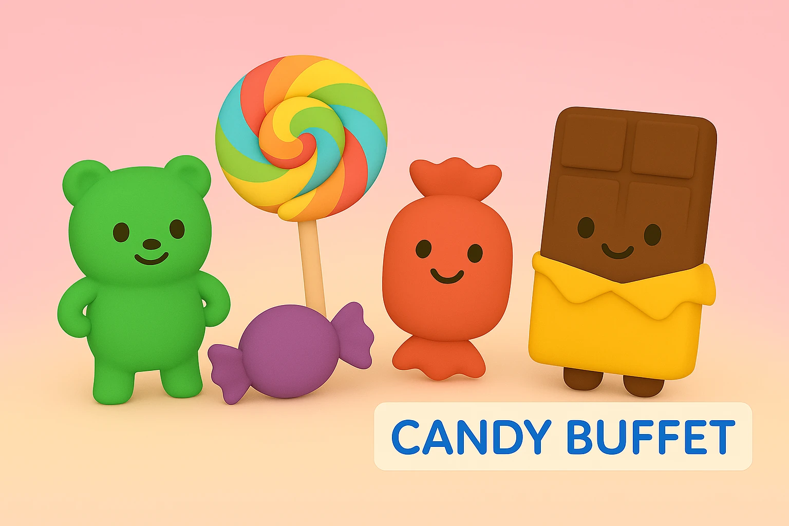 Candy Buffet theme with gummy bear, lollipop, wrapped candy, and chocolate bar characters