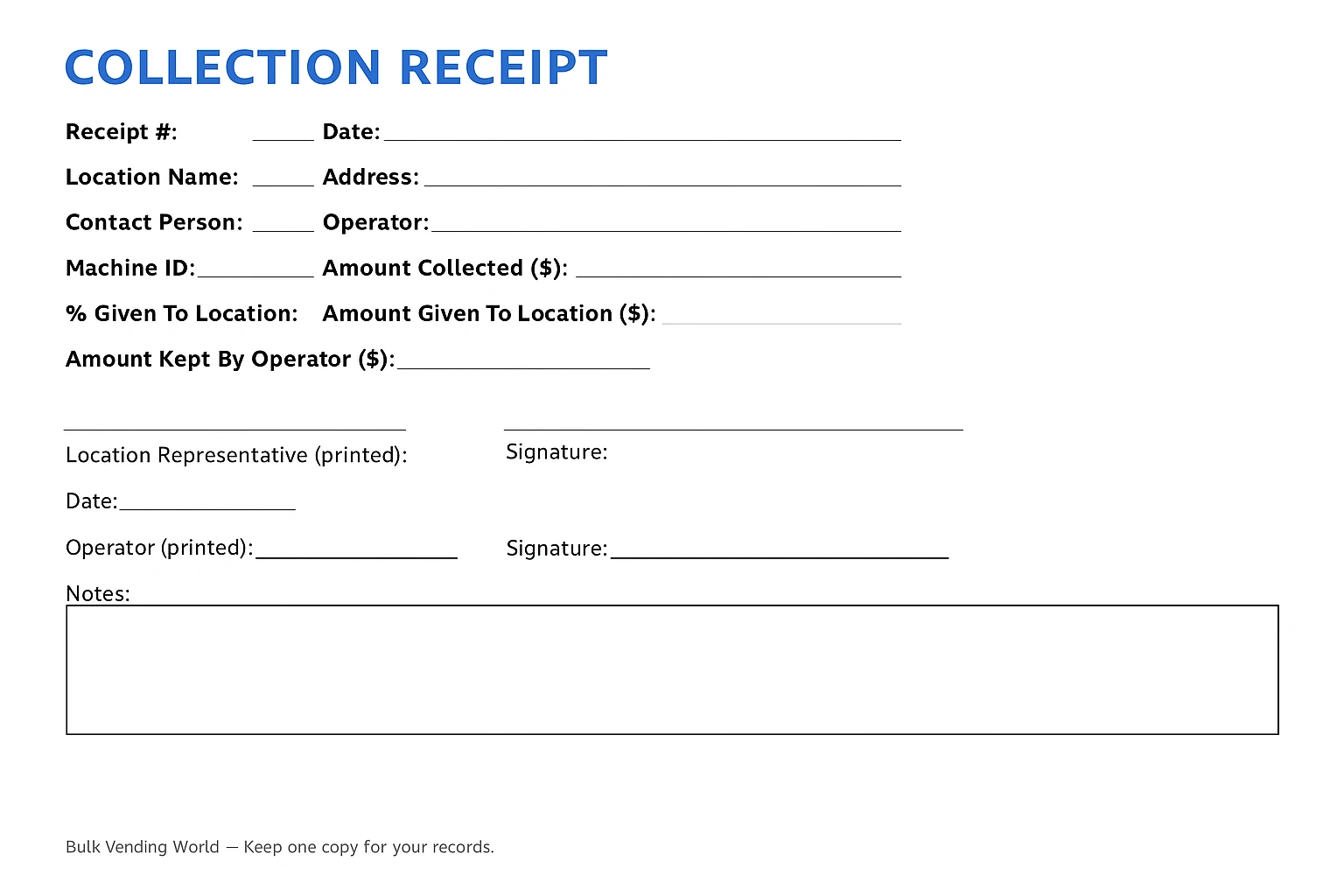Bulk vending collection receipt template with fields for payout and percentages