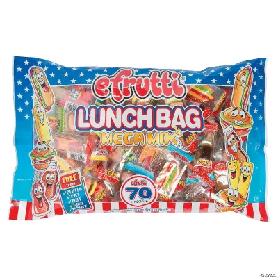 “eFrutti Lunch Bag Mega Mix 70-piece candy assortment in a colorful blue, red, and white bag with cartoon snack characters and individually wrapped gummy candies visible through the packaging.”