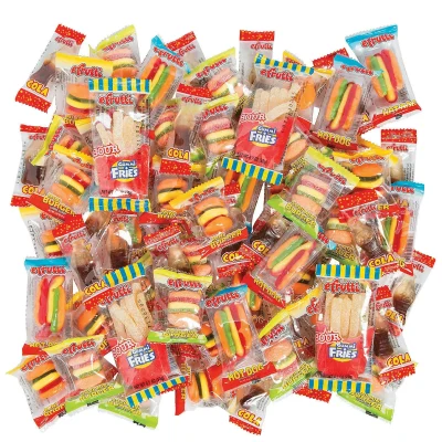 “Assorted eFrutti gummy candies including mini burgers, hot dogs, fries, and cola bottles in colorful individual wrappers, piled together on a white background.”