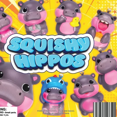 “Squishy Hippos assortment display featuring adorable purple and pink hippo squish toys on a bright yellow background.”