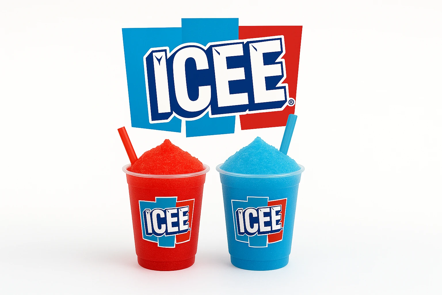ICEE brand hero with red and blue slush cups
