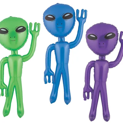 “Three 36-inch inflatable alien figures in green, blue, and purple waving on a white background.”