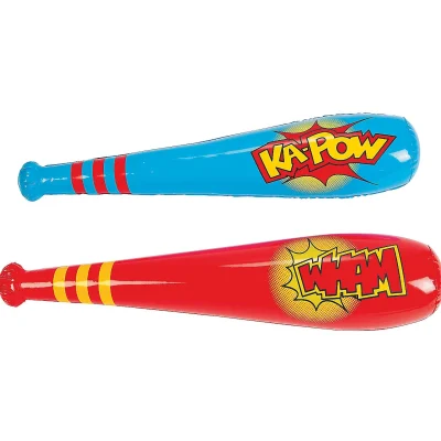“Red and blue inflatable toy bats with comic-style words ‘WHAM’ and ‘KA-POW’ printed on the sides.”