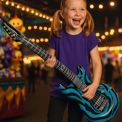 “Smiling girl in a purple shirt playing a large inflatable zebra-striped guitar at a lively nighttime carnival with bright lights and prizes in the background.”