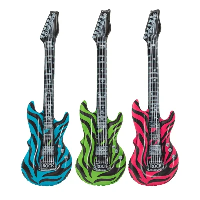 Three inflatable rock guitars in zebra-striped designs — one blue, one green, and one pink — standing upright against a white background.