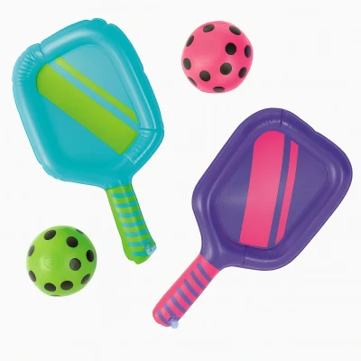 Inflatable paddle and ball set with blue and purple paddles and matching green and pink polka-dot balls on a white background.