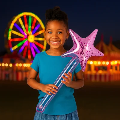 “Smiling girl holding a pink inflatable star wand filled with glitter at a nighttime carnival, with colorful Ferris wheel lights and a circus tent softly glowing in the background.”