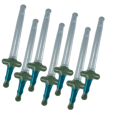 “Upgraded product photo of six inflatable swords arranged diagonally on a clean white background, featuring glossy silver blades, green crossguards, and teal handles. Lighting and contrast are enhanced for a professional, high-quality ecommerce presentation.”