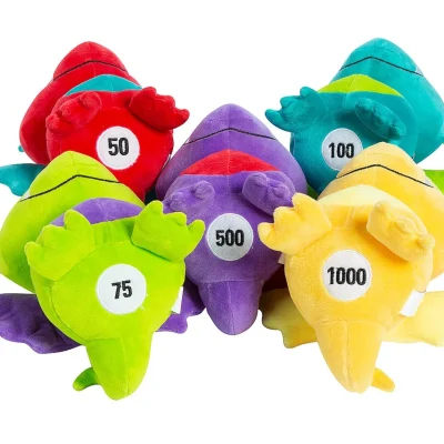 “Set of seven colorful dragon plush toys with jackpot point values (50, 75, 100, 500, 1000) displayed on their bellies, arranged on a white background for arcade prize redemption.”