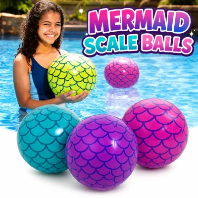 Mermaid Scale inflatable vinyl beach balls in assorted blue, purple, pink, and lime green colors with shimmering scale patterns, shown poolside for summer pool parties, prizes, and outdoor fun.