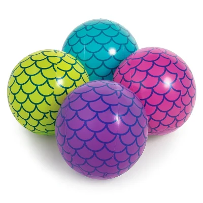 “Four inflatable beach balls with mermaid scale patterns in turquoise, magenta, lime, and purple arranged on a white background.”
