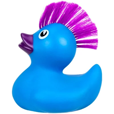 Blue mini rubber duck with a purple mohawk and beak on a white background