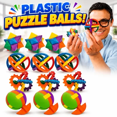 Plastic Puzzle Balls assortment featuring four colorful brain teaser puzzle designs with an adult demonstrating two puzzles for size and play. Great for vending machines, prize redemption, arcade prizes, party favors, classrooms, fidget toys, and STEM learning.