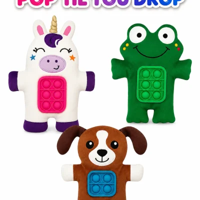 POP TIL YOU DROP plush fidget animal toys featuring a unicorn, frog, and dog with colorful pop-it sensory panels on a white background.