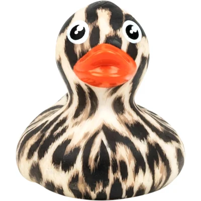 Close-up of a cheetah-patterned rubber duck with black and tan markings and an orange beak on a white background.