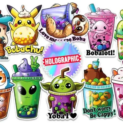 I Love Boba Stickers – 10 collectible holographic designs featuring cute characters and bubble tea cups, including sloth, alien, cactus, and boba-themed friends, perfect for flat vending machines.