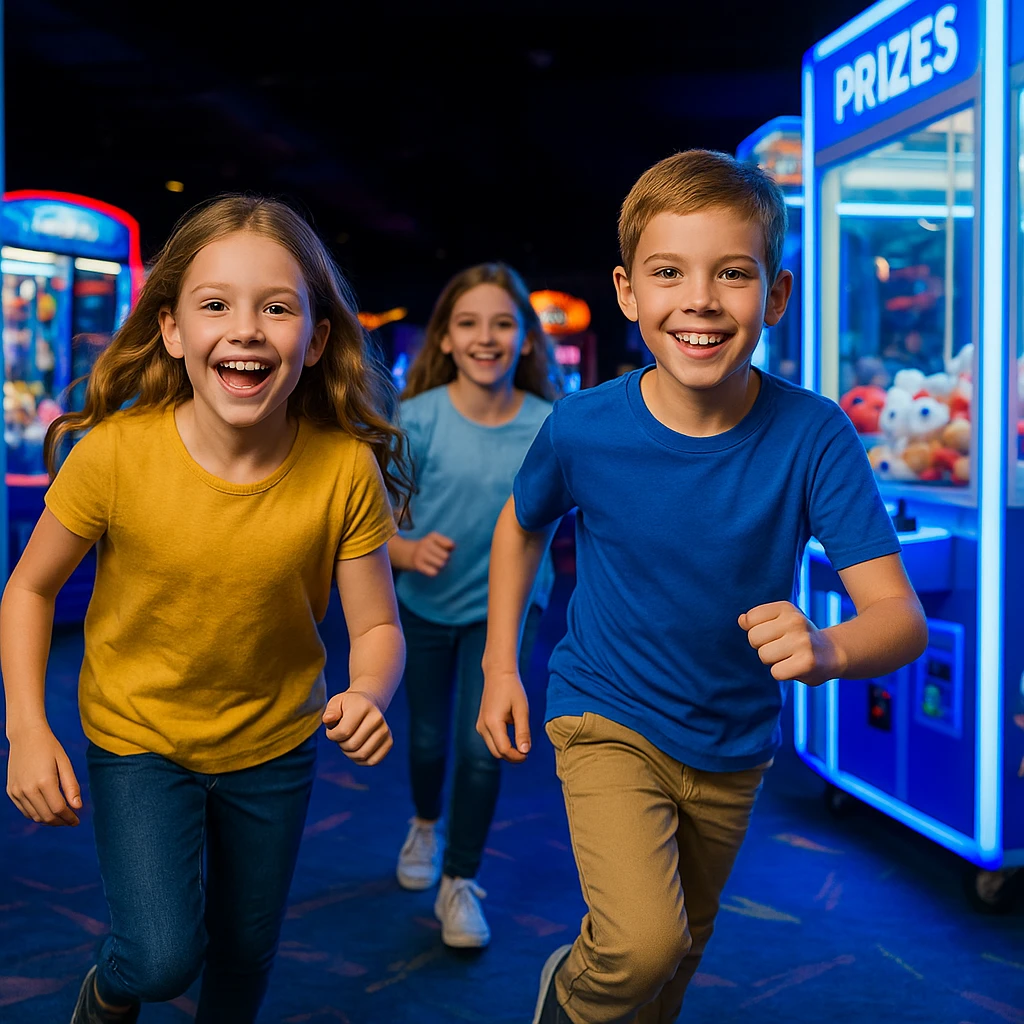 Kids running through an arcade with glowing machines and prize games