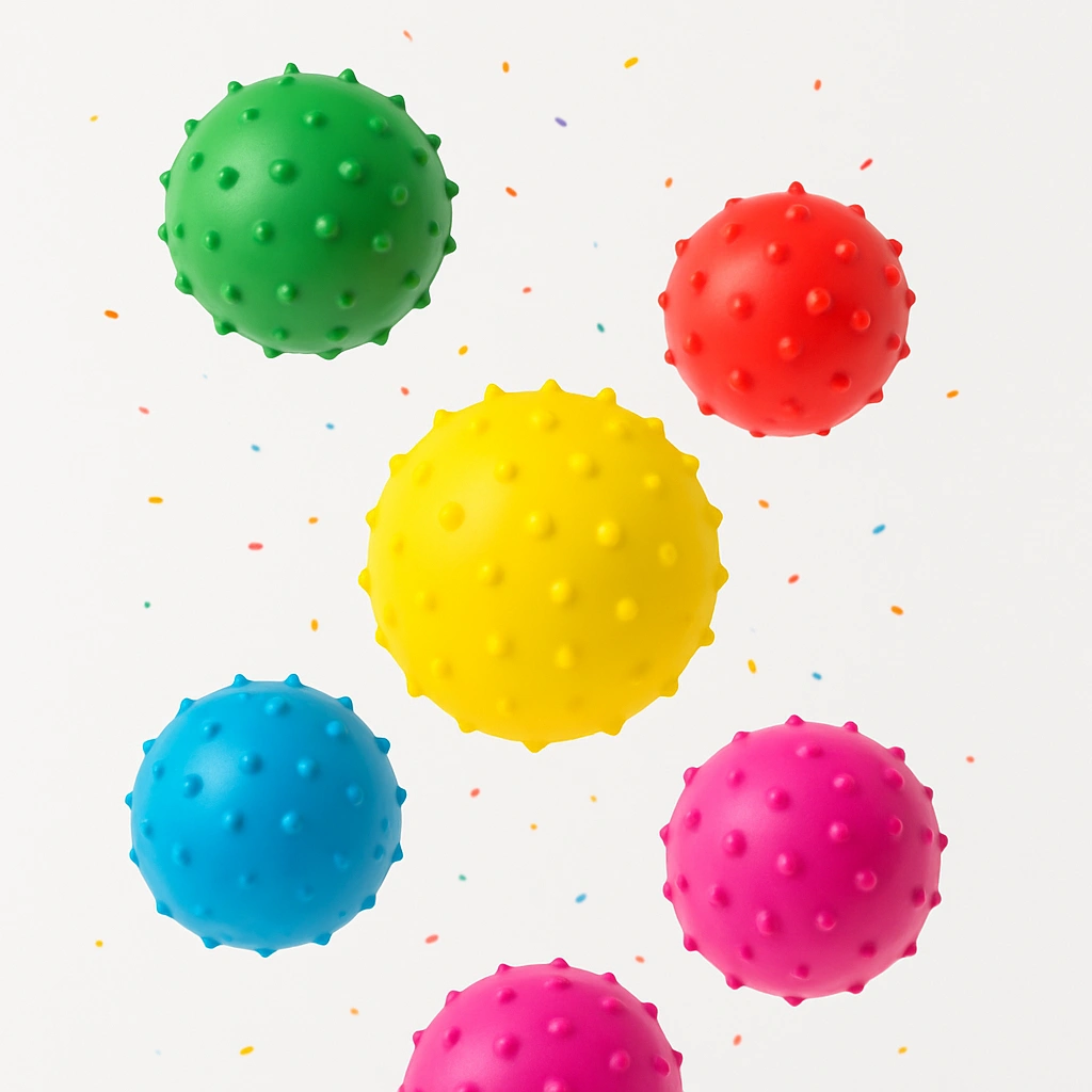 Bright knobby sensory balls floating in mid-air
