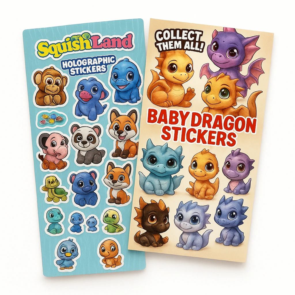 Flat vending stickers – Squishland and Baby Dragon sheets
